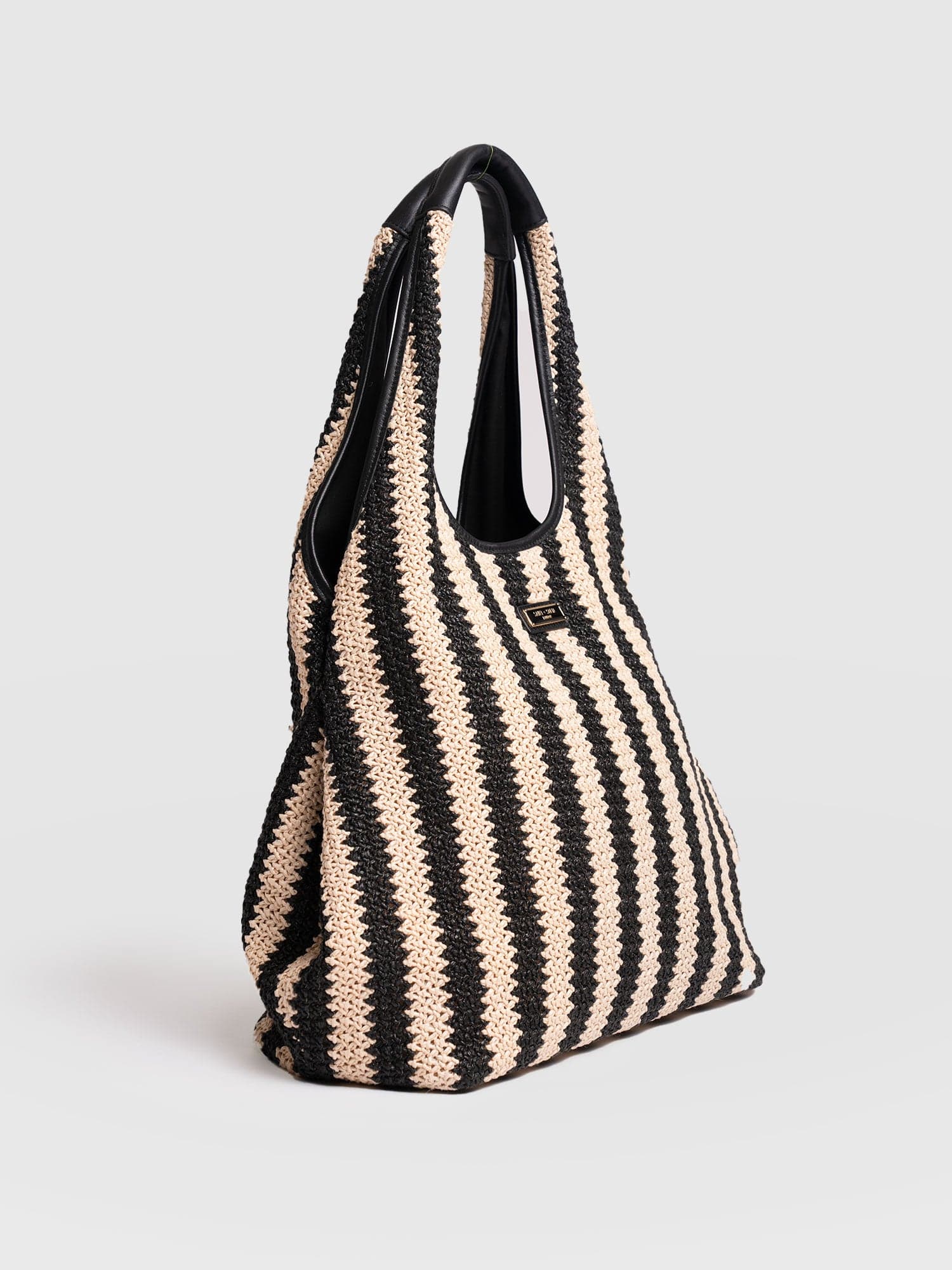 Large Stella Shoulder Tote Bag - Beige/Black Raffia